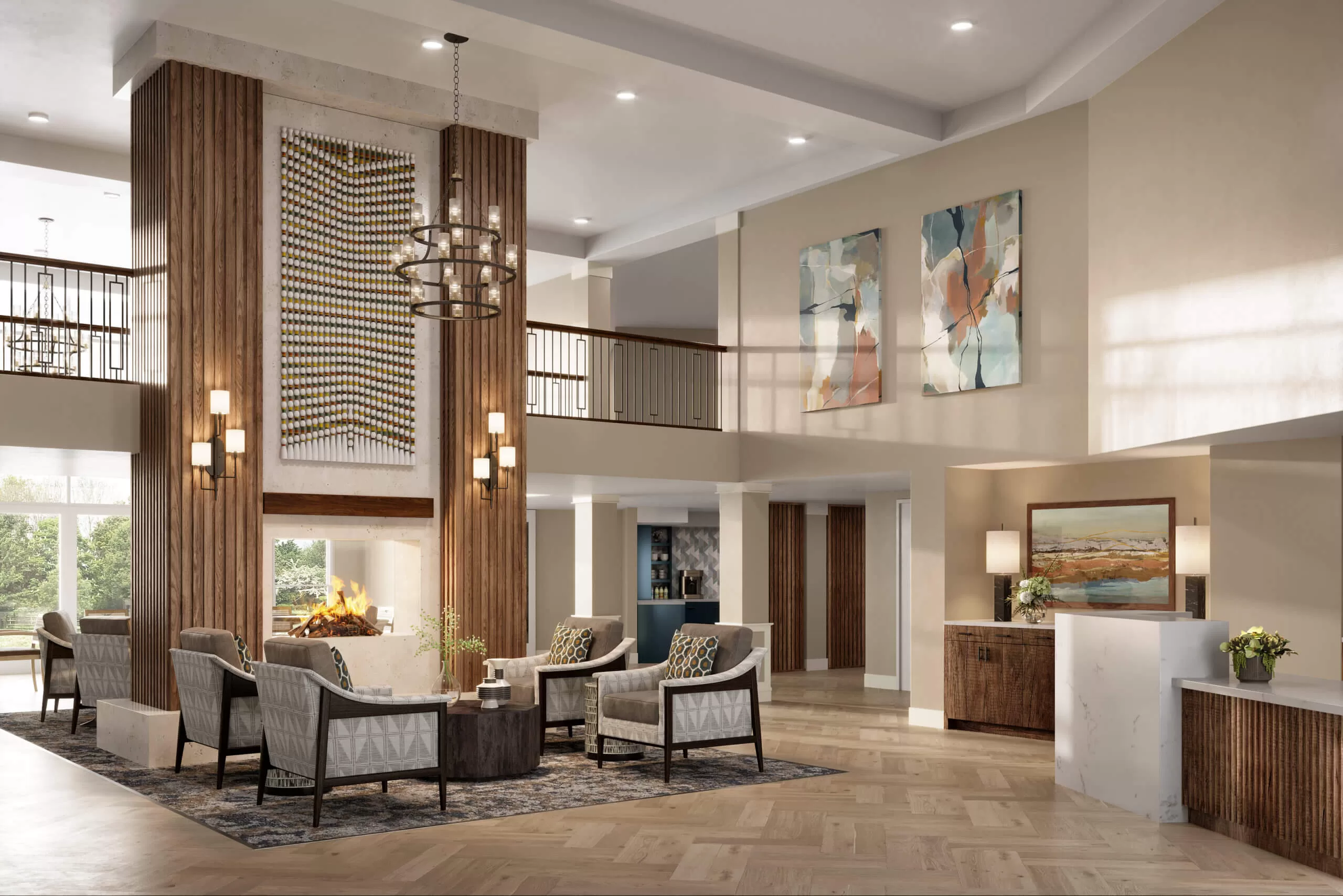 Inviting lounge area with aesthetic design for senior living communities