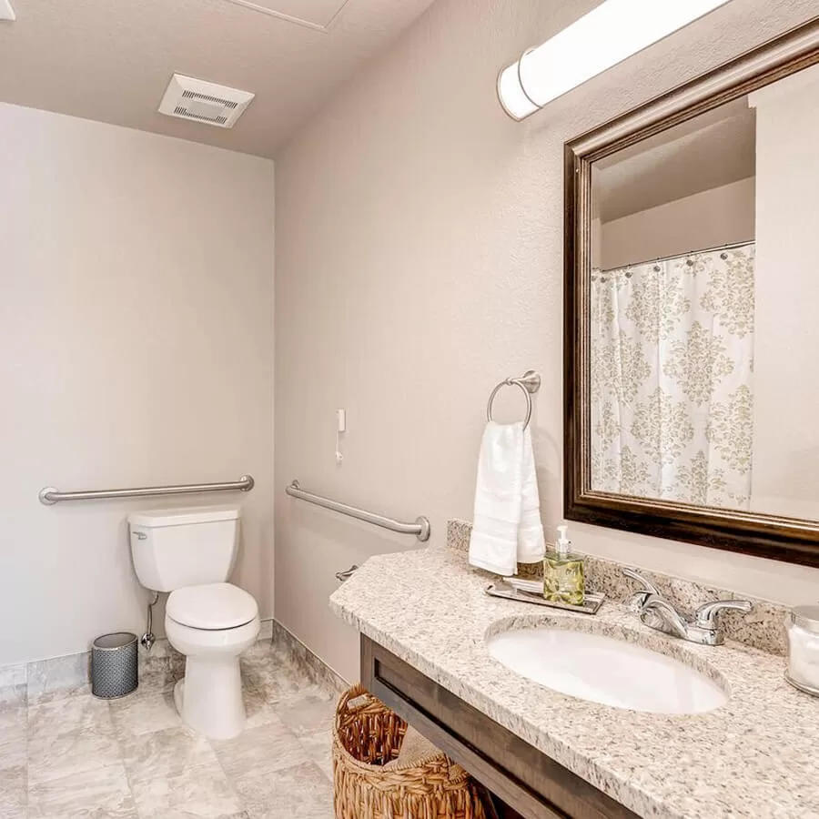 Accessible senior bathroom with safety grab bars