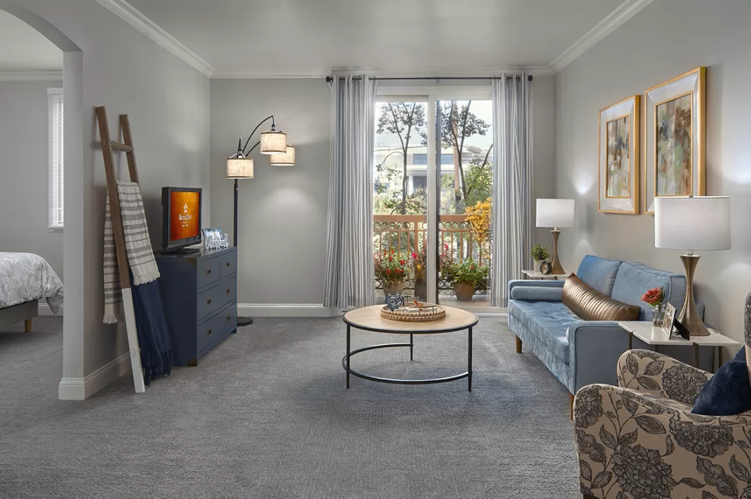 Comfortable senior apartment with stylish decor and outdoor access
