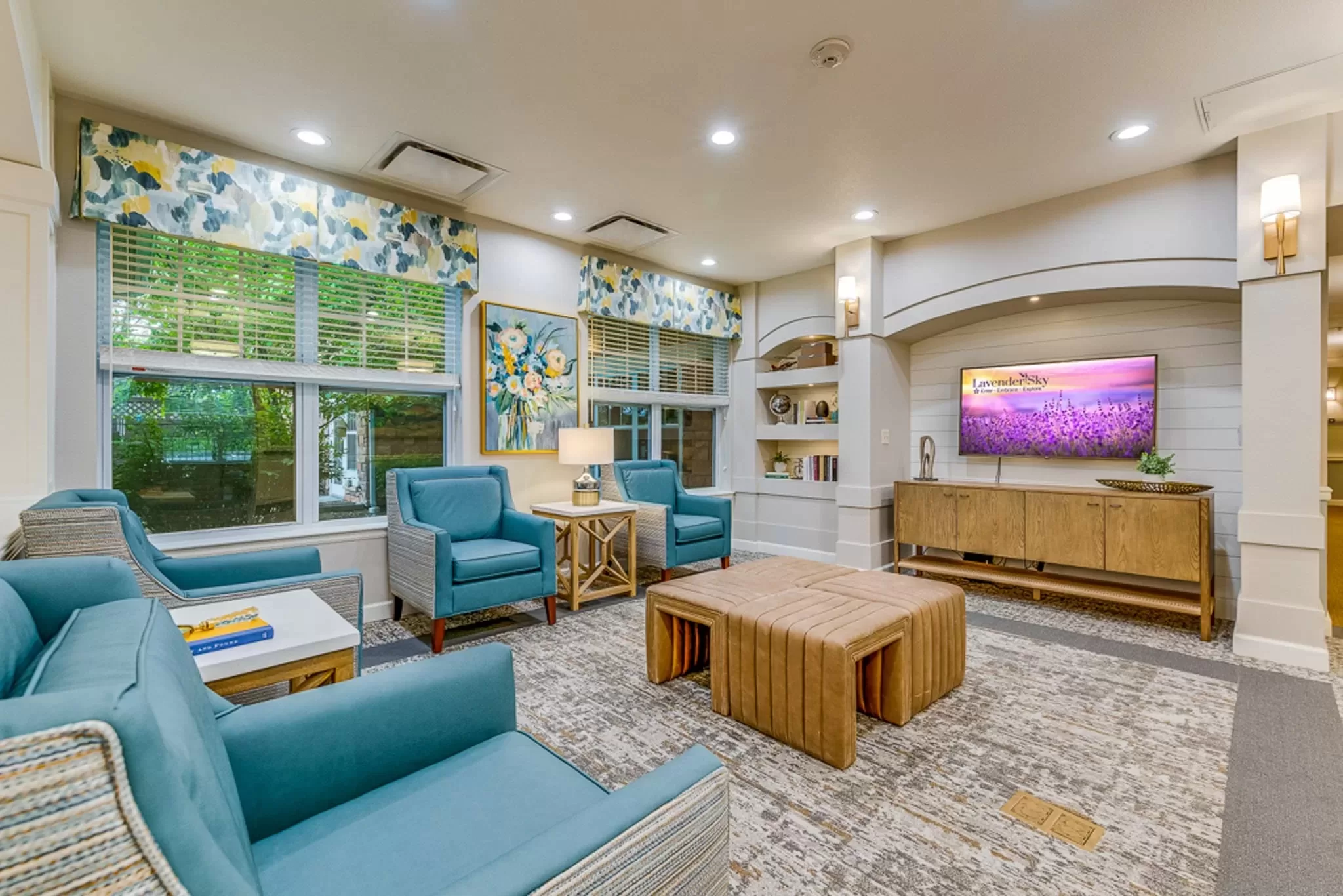 Senior community room with cozy, accessible furnishings