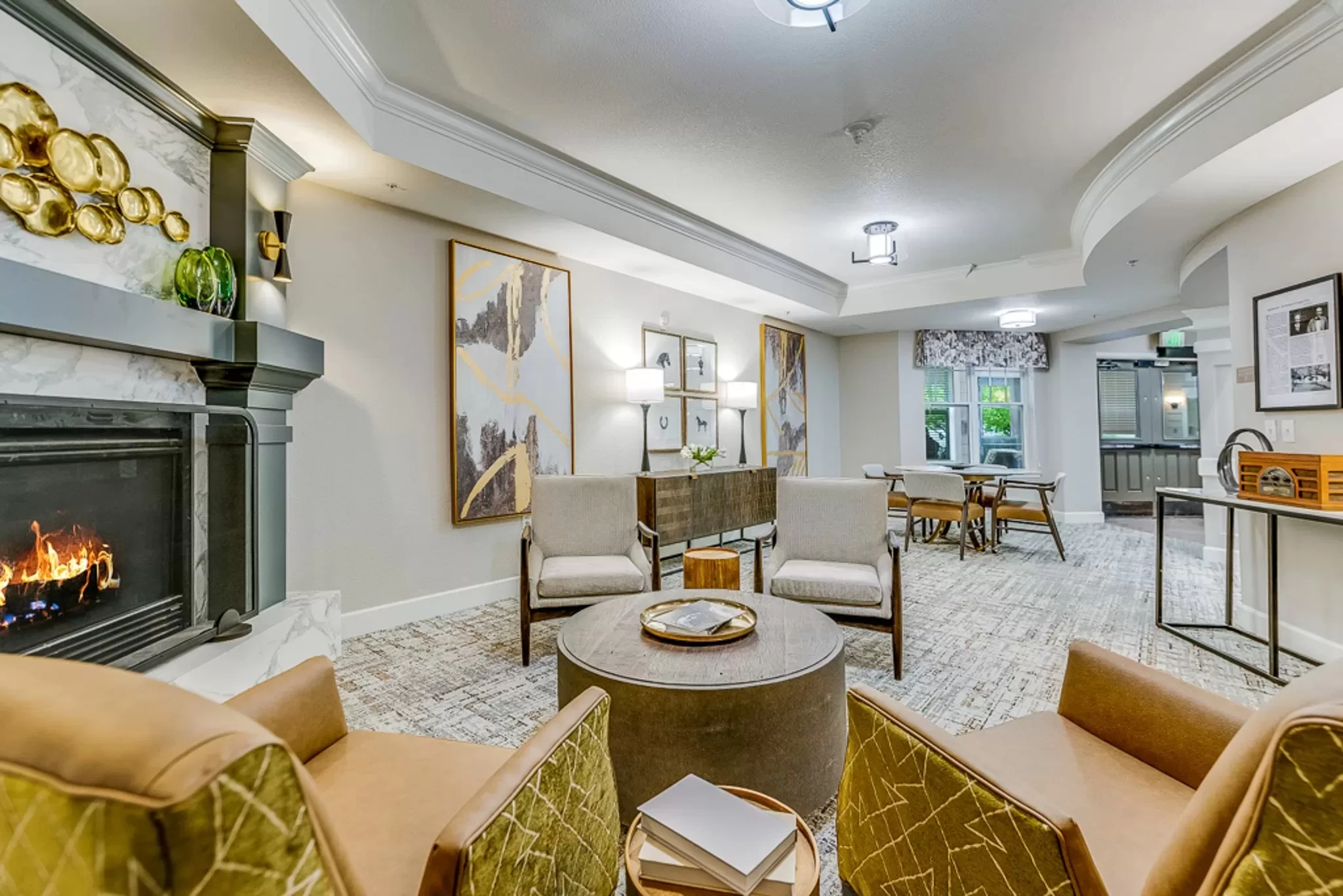 Updated common area with warm tones and seating