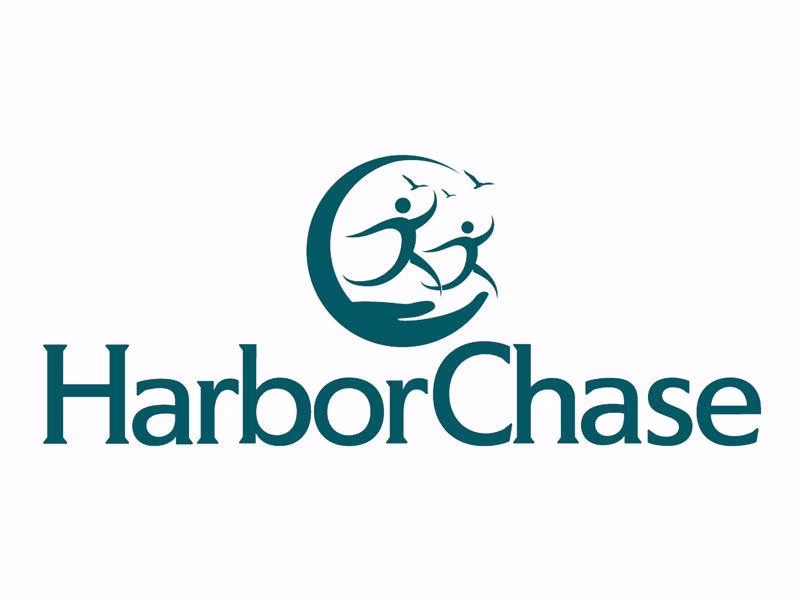 HarborChase logo with stylized figures running within a circular wave design and birds flying above, placed above the text “HarborChase” in teal lettering.