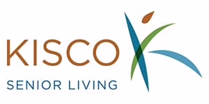 Kisco Senior Living logo with stylized figure beside text, featuring brown, green, and blue colors.